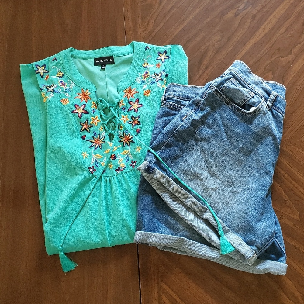 Mint green tunic and shorts.